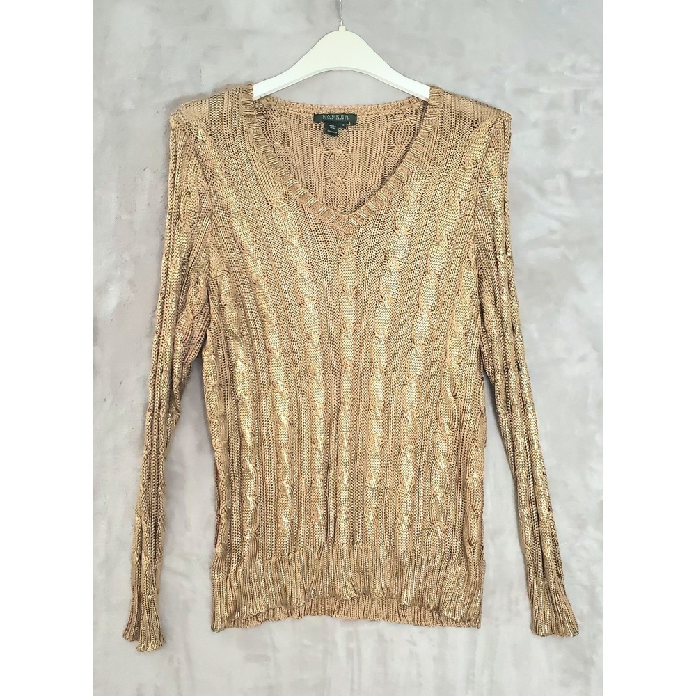 Vintage Lauren Ralph Lauren Sweater Womens 1X Gold Metallic Cable Knit V-Neck